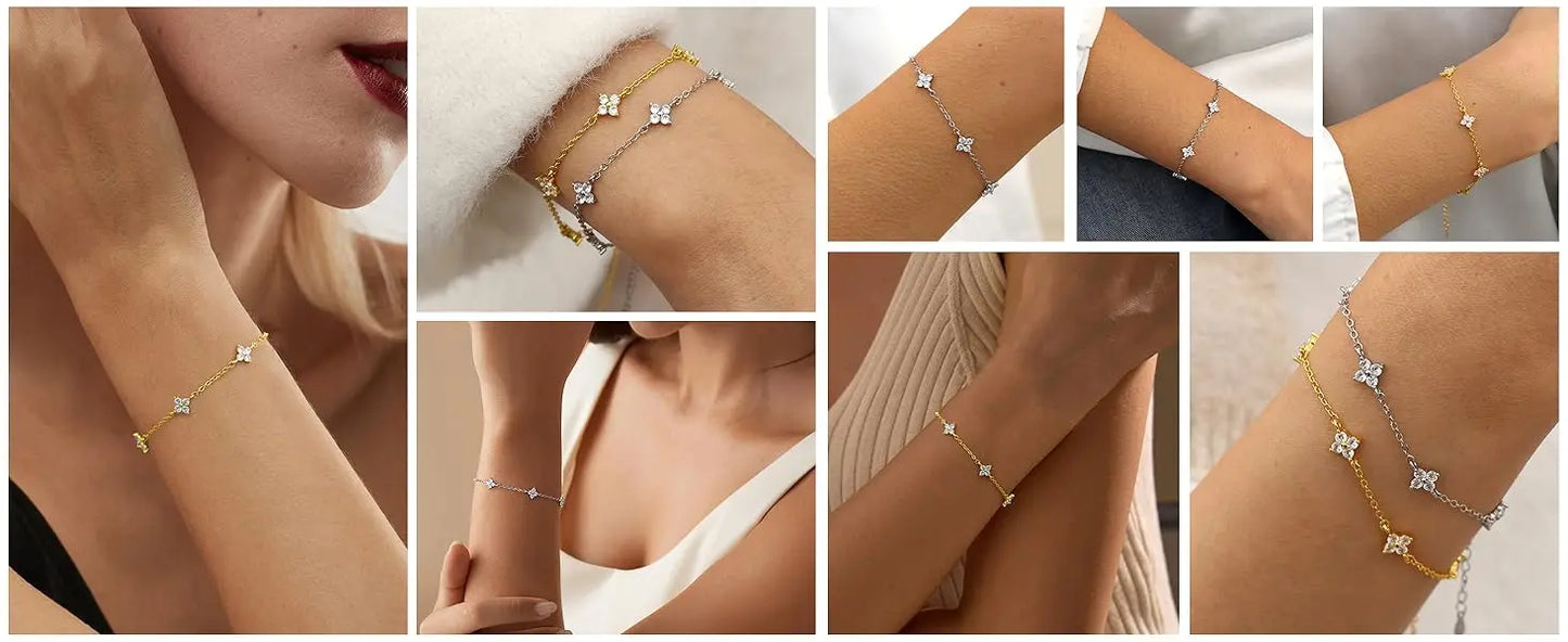 925 Silver Plated Cz Four-leaf Flower Bracelet for Women Girl Cute Dainty Adjustable Link Chain Bracelet Trend 18k Gold Jewelry