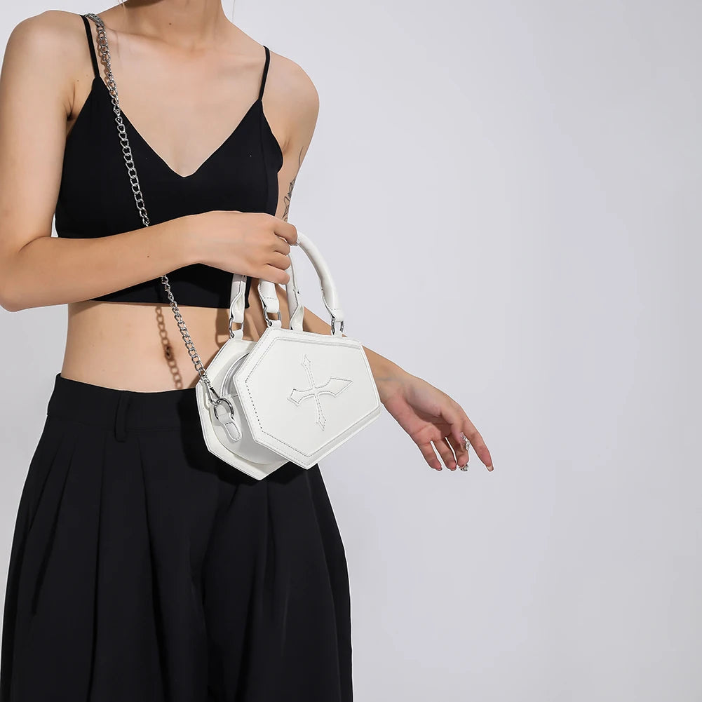 Women Crossbody Bag Large Capacity Coffin Shape Phone Shoulder Bag Halloween PU Top Handle Bag for Travel Make Up Cosmetic Bag