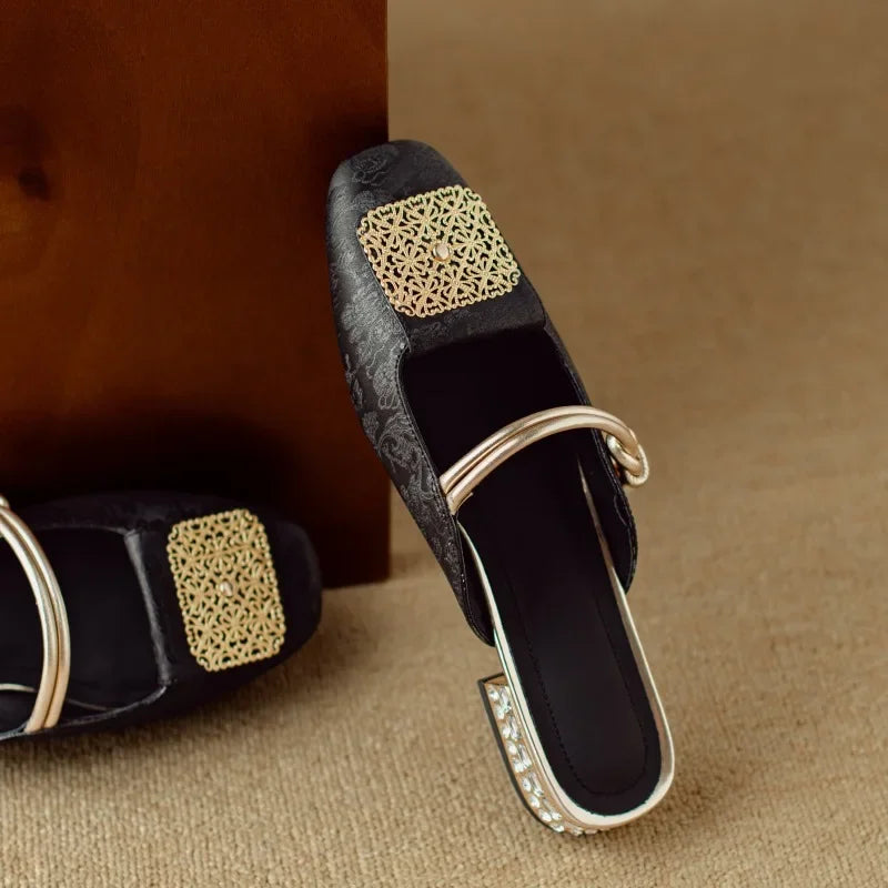 2024 Summer Elegant Sandals Women New Rhinestones Fashion Dress Half Slippers Baotou Women's Temperament Chinese Style Slippers