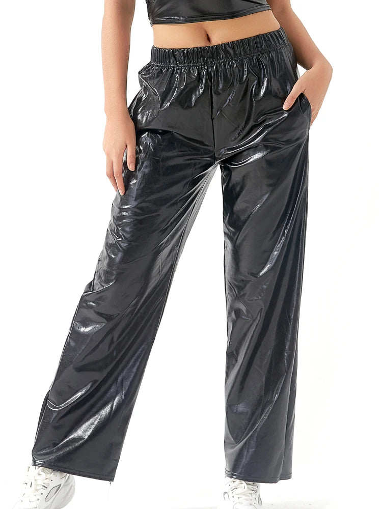 Women Adult Shiny Straight Leg Pants Casual High Waist Metallic Pants Super Long Holographic Pants Disco Bottoms Viralgem Store