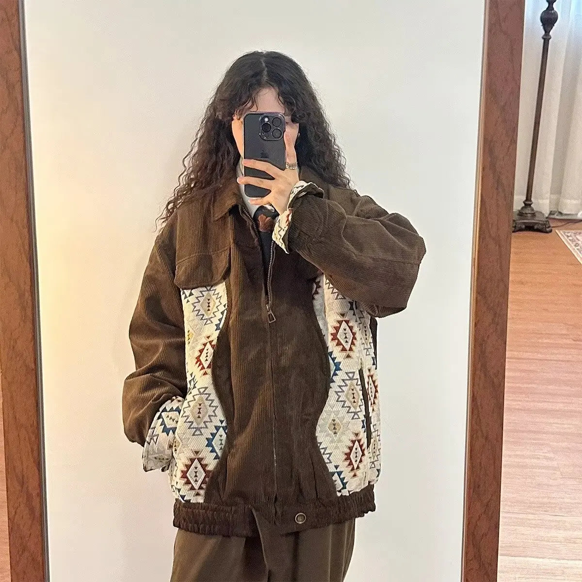Women Jackets Geometric Contrast Color Leisure Fashion Versatile Retro Japanese Style Chic Streetwear Blocking Coats Warm Daily