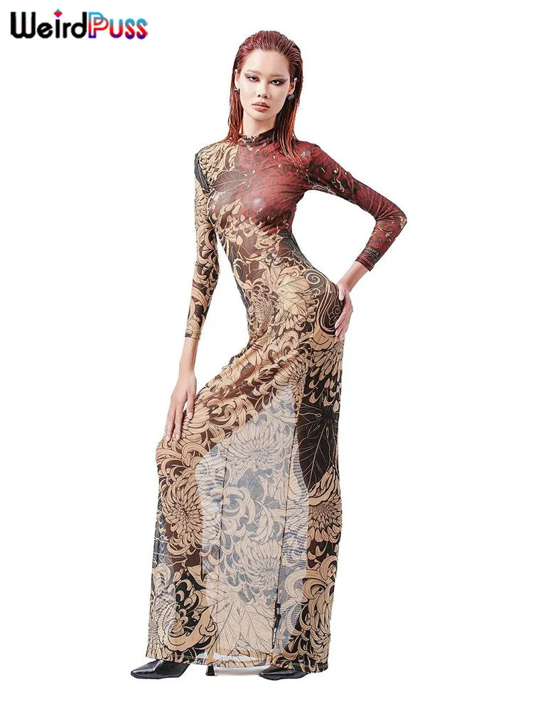 Weird Puss Thin Sheer Women Dress Mesh Contast Color Print High Waist Slim Fit Fashion Bodycon Nightout Clubwear Party Long Robe