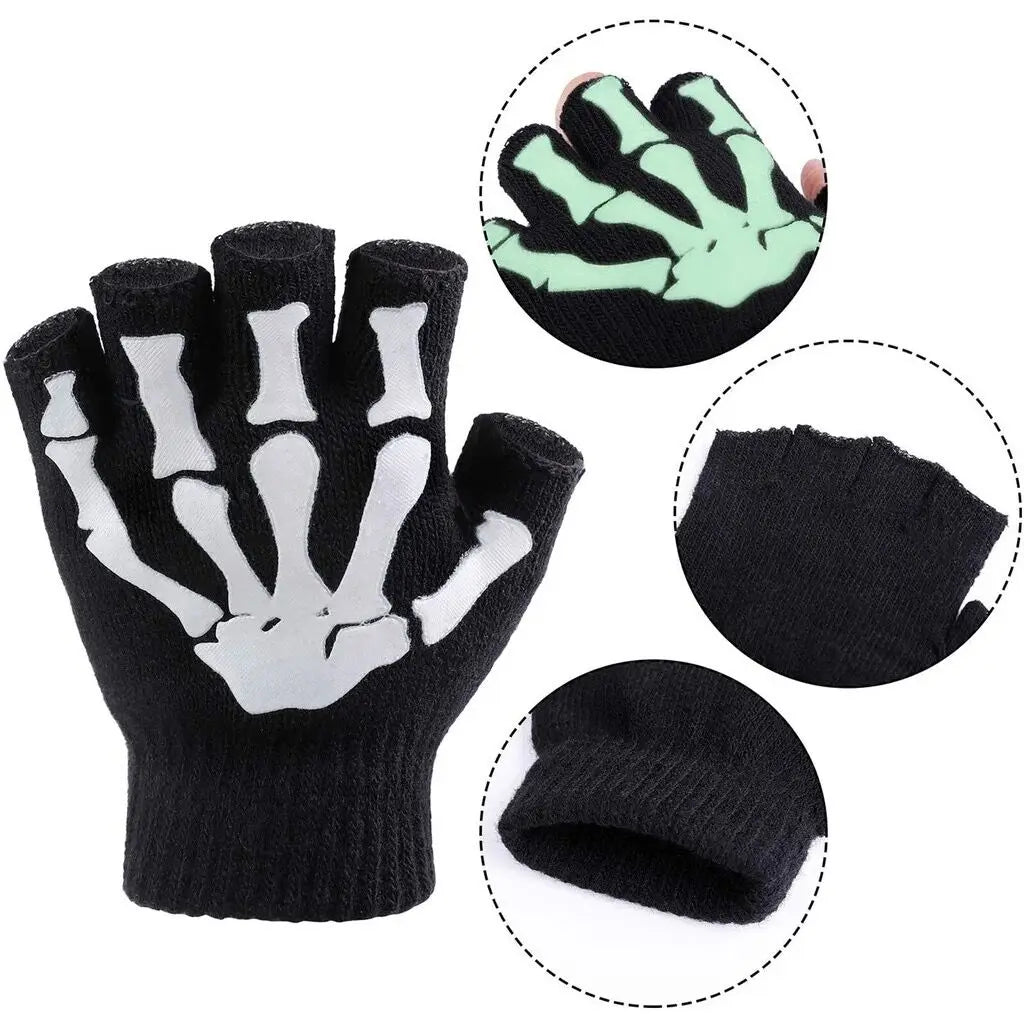 Unisex Halloween Skull Gloves Punk Luminous Glow in The Dark Skeleton Half Finger Glove Cosplay Non-slip Wrist Stretch Mittens Viralgem Store