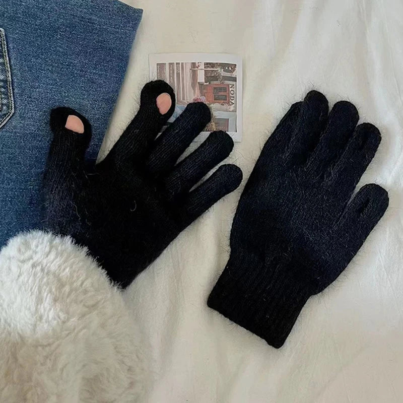 1Pair Autumn Winter Warm Gloves Wool Knitted Touchscreen Gloves Full Finger Mittens Outdoor Skiing Ride Casual Windproof Guantes