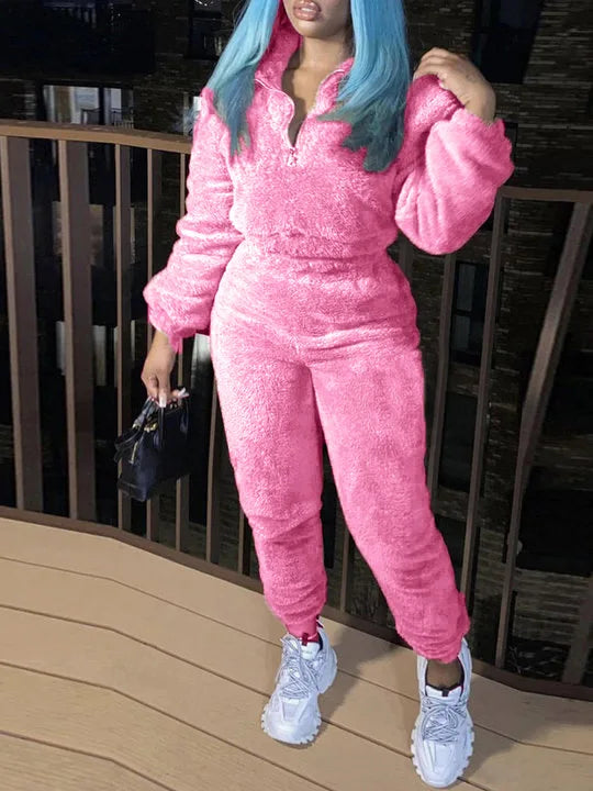 Winter New Plush Two Piece Set Casual Home Warm Suit For Women Fashion Zipper Lapel Pullover Top Elastic Waist Trousers Suit Viralgem Store