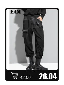 [EAM] Loose Fit Black Denim Big Size Sweatshirt New High Collar Long Sleeve Women Big Size Fashion Spring Autumn 2024 1K166