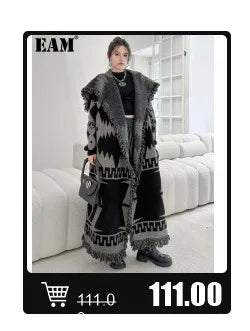 [EAM] Women Black Hollow Out Big Size Midi Shirt Dress New Lapel Long Sleeve Loose Fit Fashion Tide Spring Autumn 2024 1DF6037 Viralgem Store