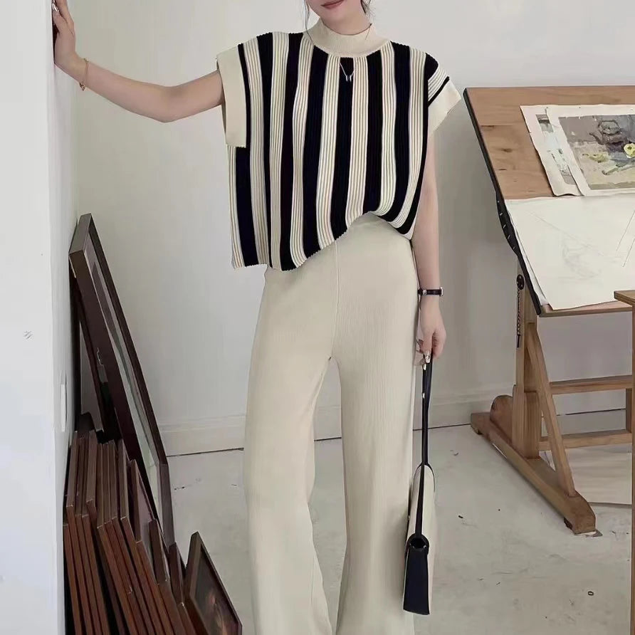 Women Sweater Pant Set Winter Knitted  Casual Pullovers Suits Long Sleeve AutumnLoose Tops Elastic Striped Elegance Sweaterpants Viralgem Store
