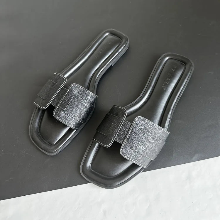 2024 Women Modern Slippers Summer Outdoors Comfortable Flat Slippers Luxury Leather Slippers Casual Slides Shoes Females Sandals