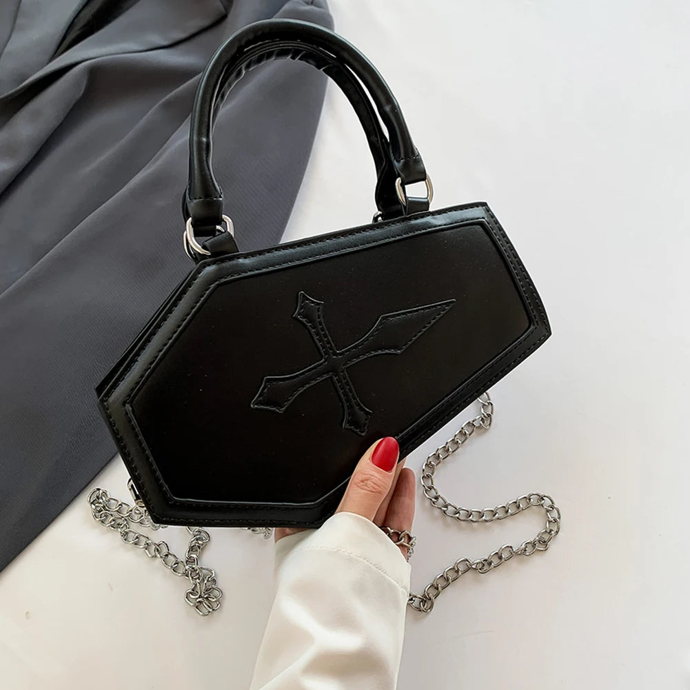 Women Crossbody Bag Large Capacity Coffin Shape Phone Shoulder Bag Halloween PU Top Handle Bag for Travel Make Up Cosmetic Bag