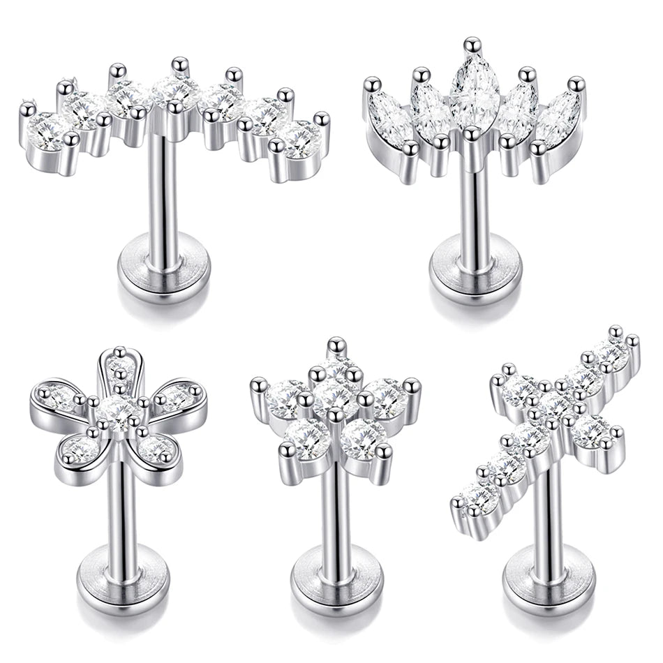 1PC Lip Stud Stainless Steel Ear Piercing Earring Nail Moon Ring Crystal Flower Cross Cartilage Tragus Screw Body Jewelry New