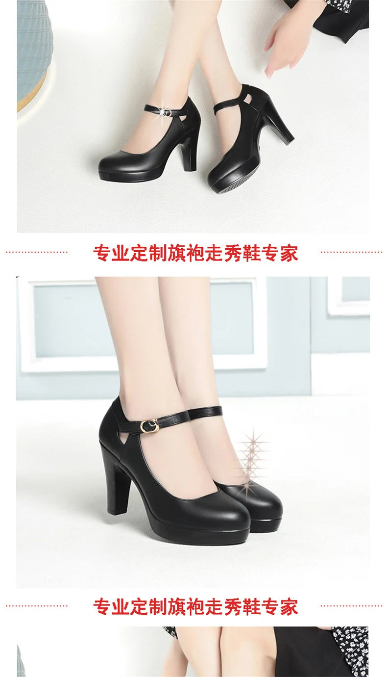 Spring Soft Leather Shoes Women Round Toe Platform Pumps Thick Heel Fashion Temperament Elegant Black Work Single Shoes Viralgem Store