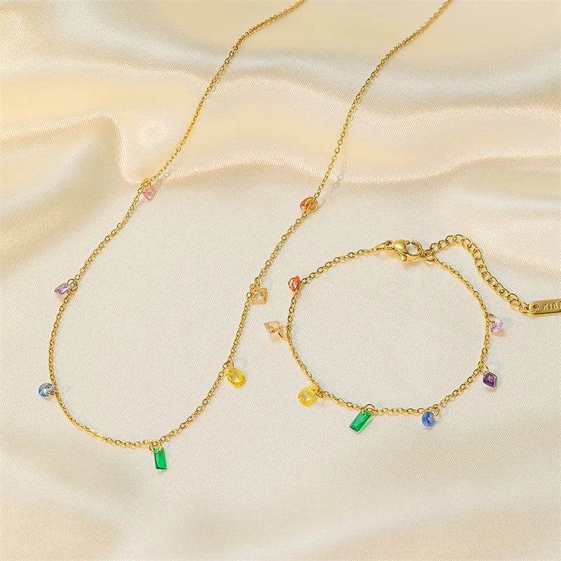 316L Stainless Steel New Fashion Fine Jewelry Colorful Zircons Different Shapes Charm Chain Necklaces Bracelets Anklet For Women