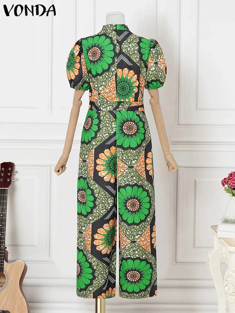 VONDA Women Jumpsuits Short Puff Sleeve Bohemian Print Playsuits 2025 Stand Collar High Waist Overalls Oversized Viralgem Store
