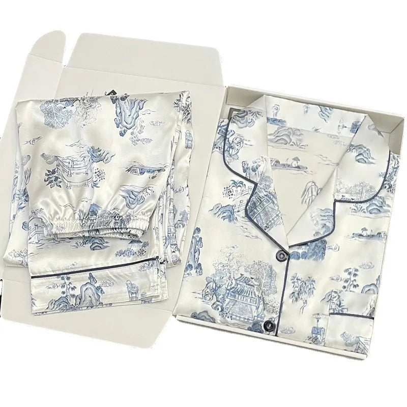 Women's Pajamas Sets Spring Autumn 2 Piece Paint Print Pyjama Faux Silk Satin Sleepwear Long Sleeve Pijama Mujer Pjs Homewear