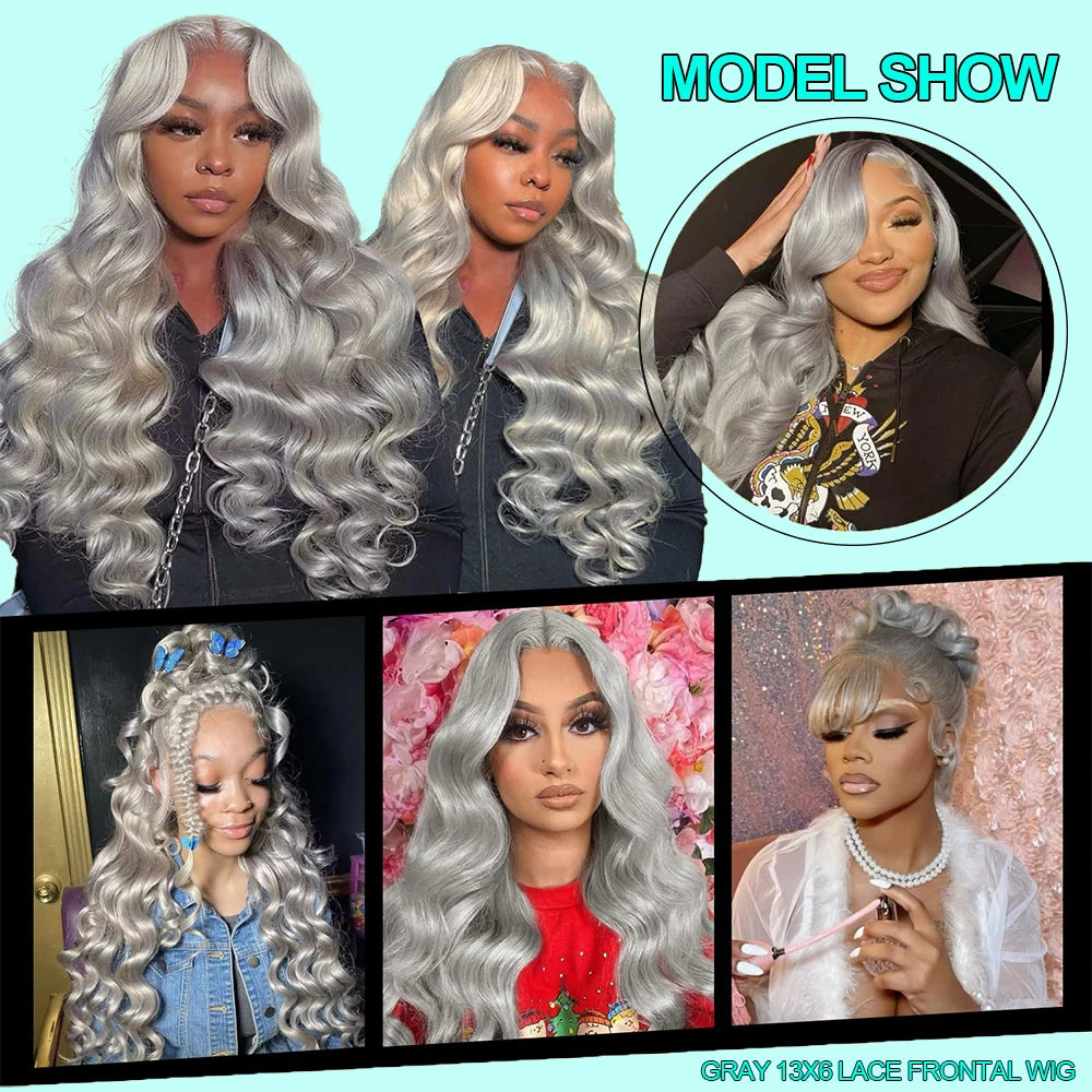 13x6 Silver Grey Body Wave Lace Front Human Hair Wigs Pre Plucked 613 HD Frontal Wigs Brazilian Cosplay Colored Human Hair Wig
