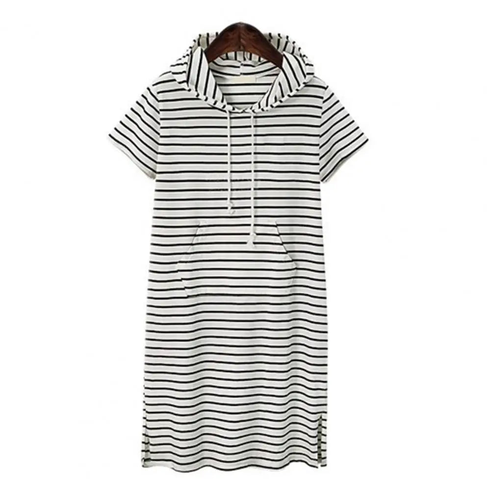 XL-5XL Women Dress Hooded Drawstring Sports Style Short Sleeves Striped Plus Size Loose Fit Summer Casual Dress vestido feminino Viralgem Store