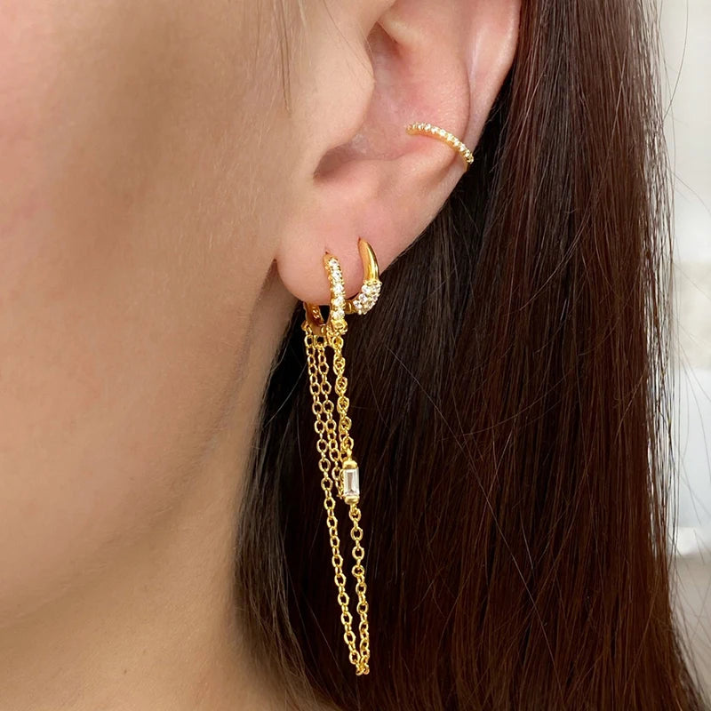 YUXINTOME 1PC 925 Sterling Silver Ear Needle Colorful Zircon Chain Tassel Hoop Earrings for Women Two Holes Earring Jewelry A45