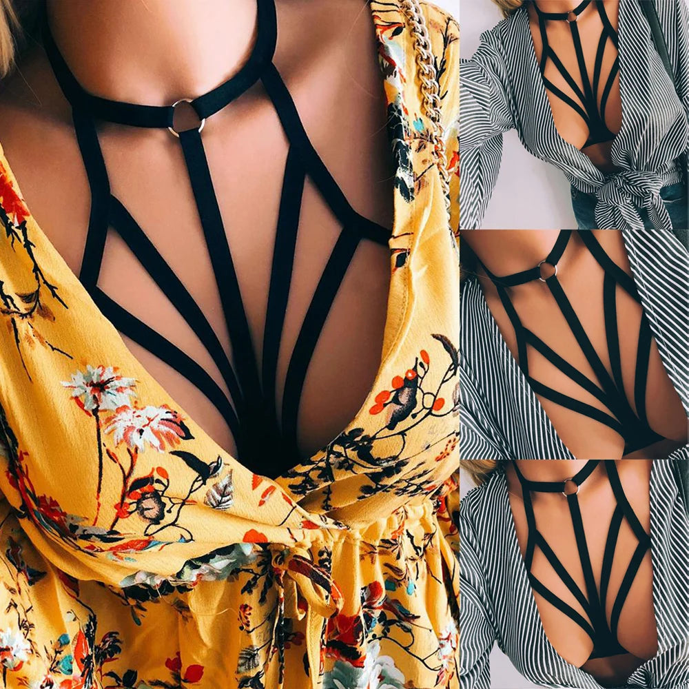 Women Goth Sexy Elastic Harness Bandage Bustier Hollow Cage Bra Tops Bralette Lingerie Tanks Lady See Through Exotic Apparel Viralgem Store