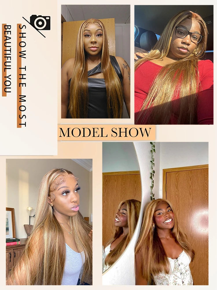 200% Density Bone Straight Blonde Ombre Highlight Wig HD Lace 13x6 Brazilian Human Hair Frontal Wig for Women Colored Hair Wig