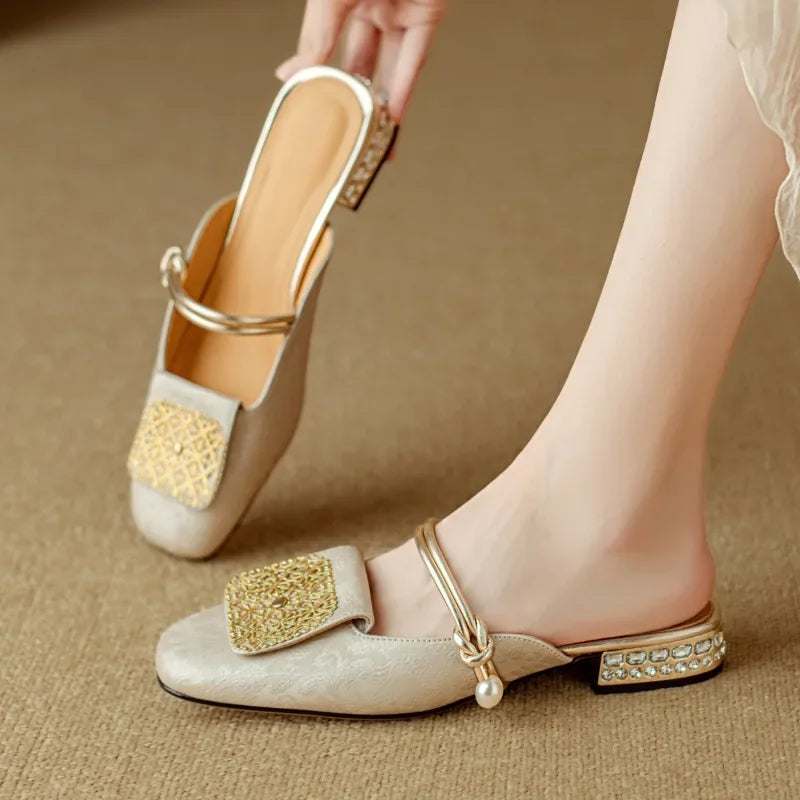 2024 Summer Elegant Sandals Women New Rhinestones Fashion Dress Half Slippers Baotou Women's Temperament Chinese Style Slippers