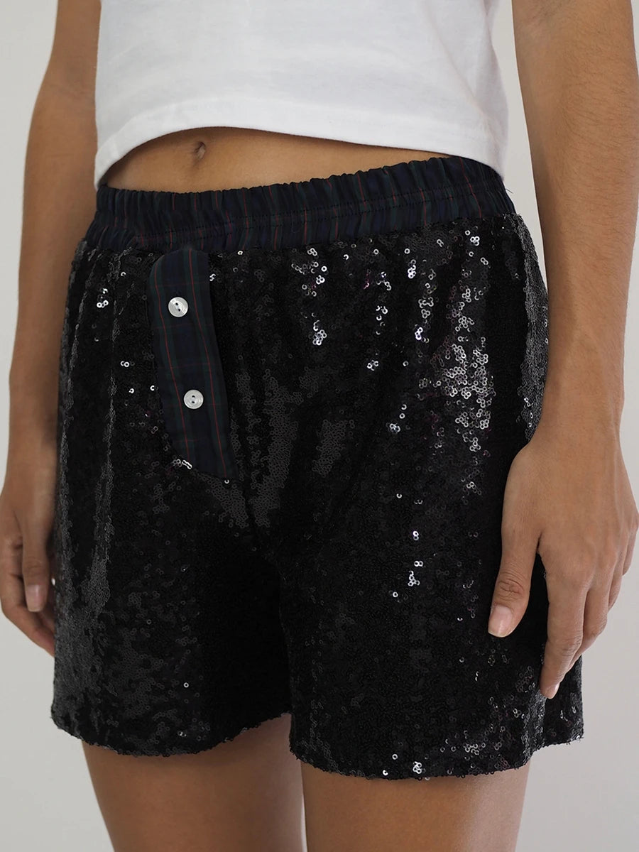 Women Mini Sequin Shorts  Sexy Hot Elastic Waist Shiny Shorts Summer Casual Shorts Streetwear for Carnival Party Clubwear