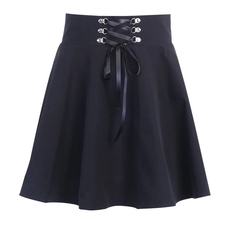 Women's Basic Versatile Flared Casual Mini Skater Skirt High Waisted School Goth Punk Black Skirt Harajuku