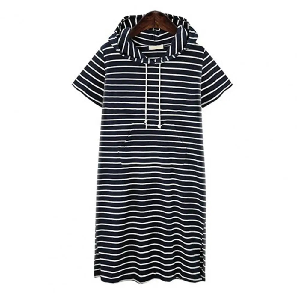 XL-5XL Women Dress Hooded Drawstring Sports Style Short Sleeves Striped Plus Size Loose Fit Summer Casual Dress vestido feminino Viralgem Store
