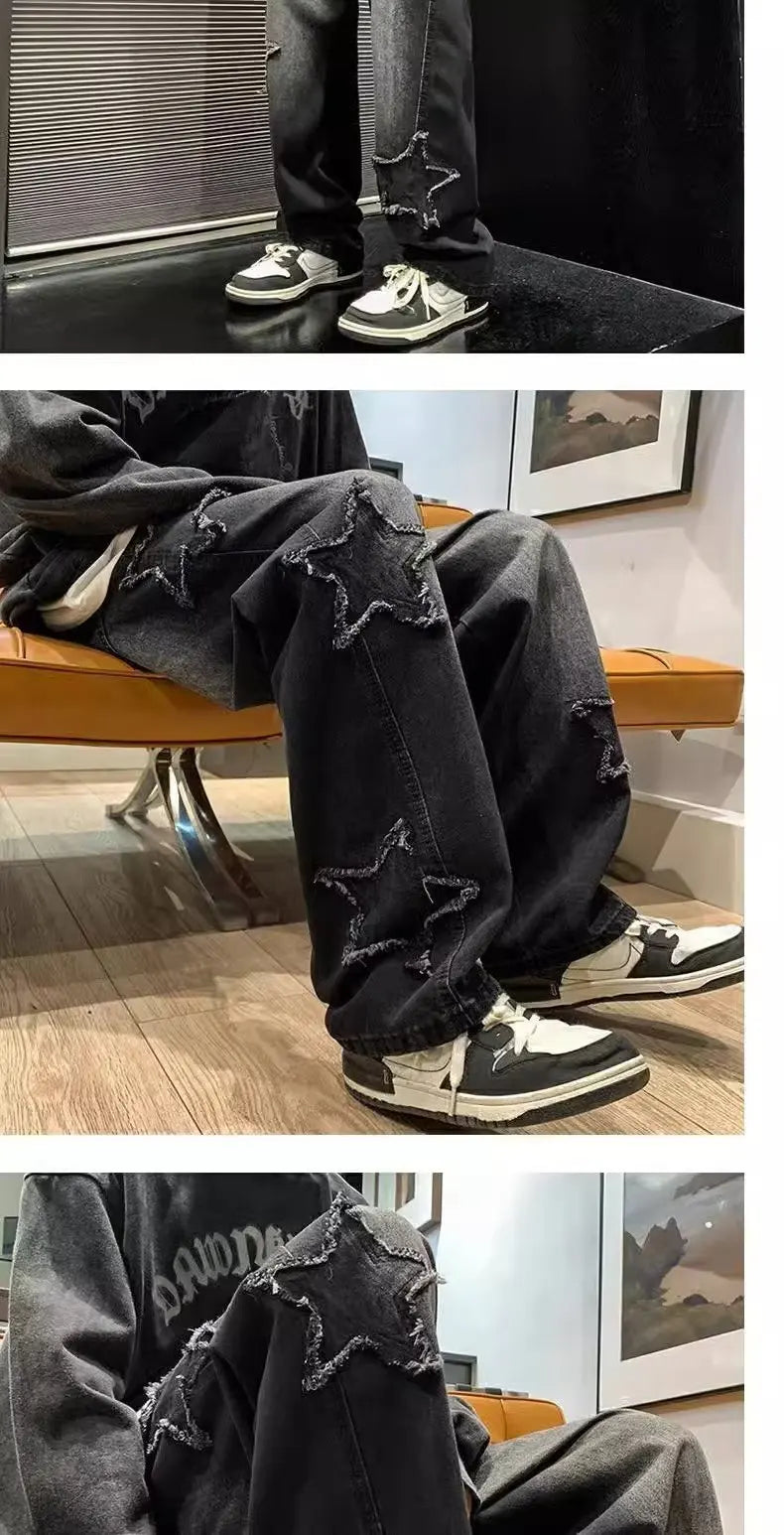 2024 New Fashion Stars Towel Embroidery Brown Men Jeans Pants Y2K Clothes Straight Hip Hop Cotton Trousers Pantalon Homme Viralgem Store