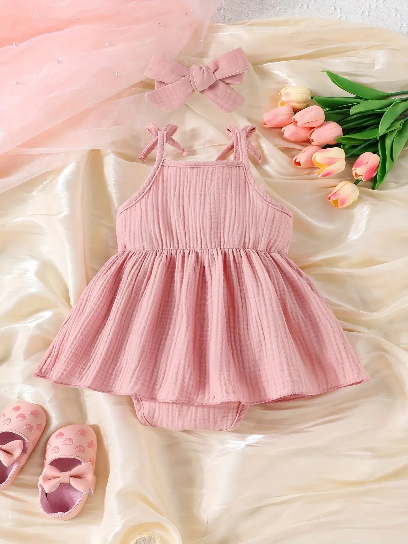 2 Sets Summer Newborn Baby Cool Breathable Pink Slip Triangle Onesie + Headband Cute Comfortable Coft Cotton Dress