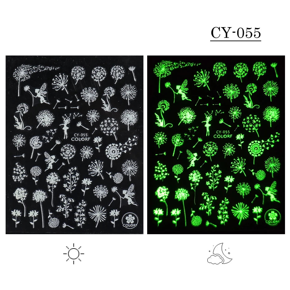 1pcs 3D Luminous Nail Stickers Flame Butterfly Star Moon Glitter Design Glow in The Dark Slider Manicure Decorations JICY028-036