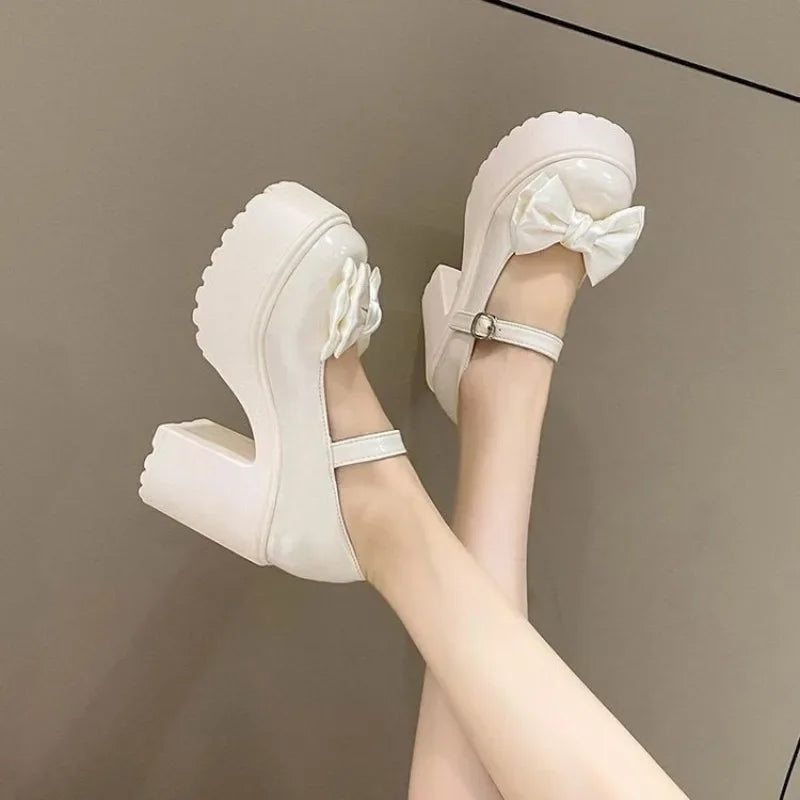 White Round Toe Platform High Heels Women Mary Jane Shoes Retro Bows Elegant Chunky Heel Women's Wedding Shoes Viralgem Store