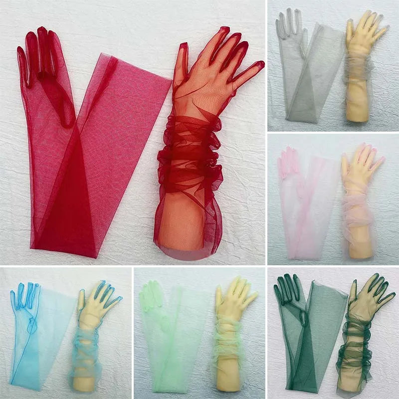 1 Pair Fashion Sexy Long Gauze Bridal Dress Gloves Women Transparent Sun Protection High Elasticity Breathable Thin Dress Gloves