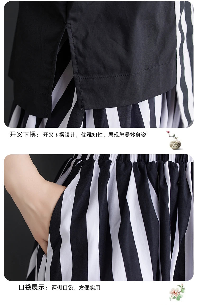 Summer Striped Print 2 Two Piece Set Women Irregular Patchwork Fashion Ladies Cropped Shirts Loose Casual Pleated Woman Skirts Viralgem Store