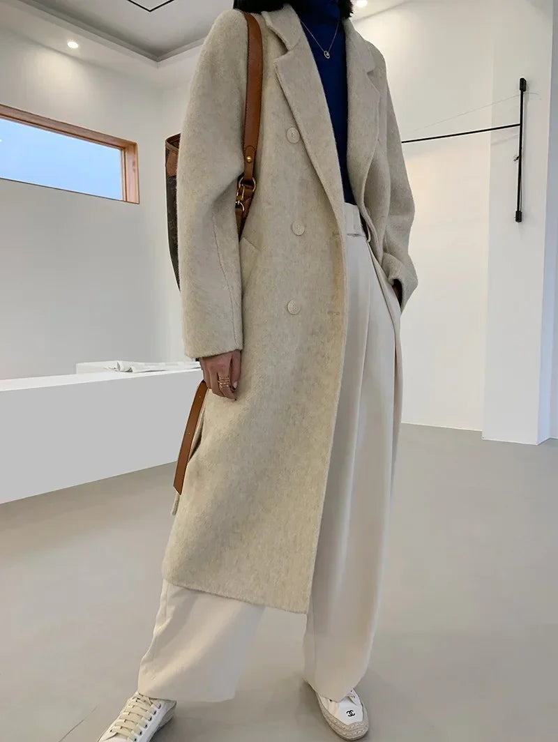 2024 Autumn Winter Wool Coat Women Double-breasted Solid Color Women's Double-sided Woolen Belt Coats Loose Warm Wool Jacket