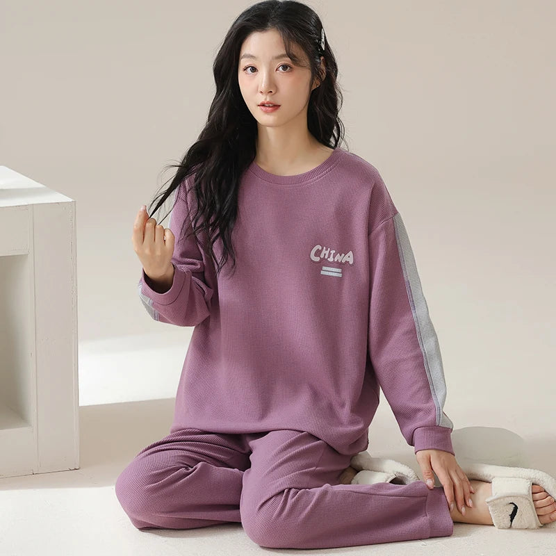 SUKAE Waffle Cotton Korean Minimalist Style Women Pajamas Spring Autumn Long Sleeves Lady Sleepwear Kawaii Round Neck Homesuits