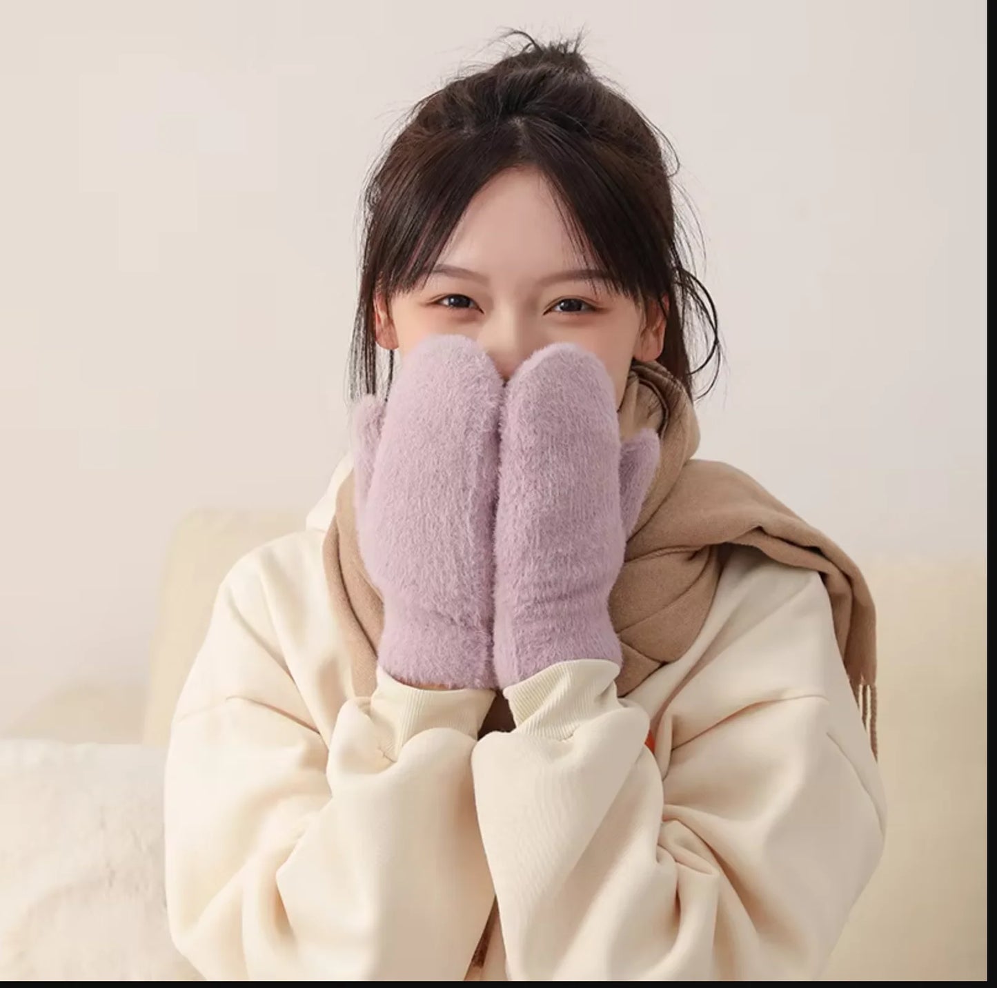 Women Winter Keep Warm Plus Cashmere Thicken Mink Fleece Solid Cute Lovely Outdoor Windproof Cycling Full Finger Mittens Gloves