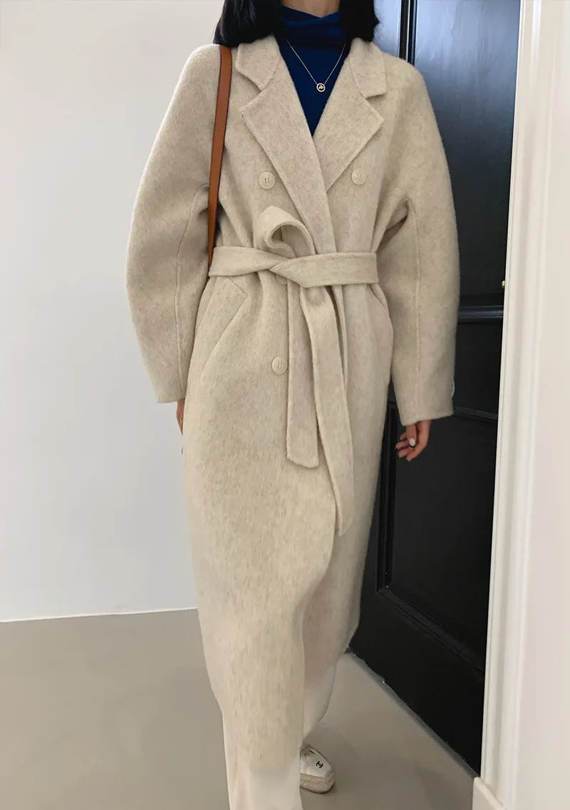 2024 Autumn Winter Wool Coat Women Double-breasted Solid Color Women's Double-sided Woolen Belt Coats Loose Warm Wool Jacket