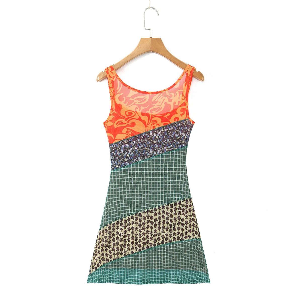 2024 Sexy Ruched Square Collar Contrast Color Plaid Flower Print Sleeveless Mini Mesh Dress Women Packages Hips A-line Tank Robe