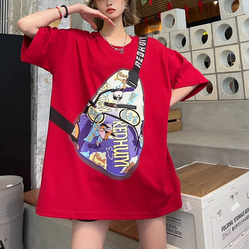Summer Y2k Clothes New Messenger Bag Printed Pocket Zipper T-shirt Women Europea Style Casual Large Size Couple Casual Tees Tops