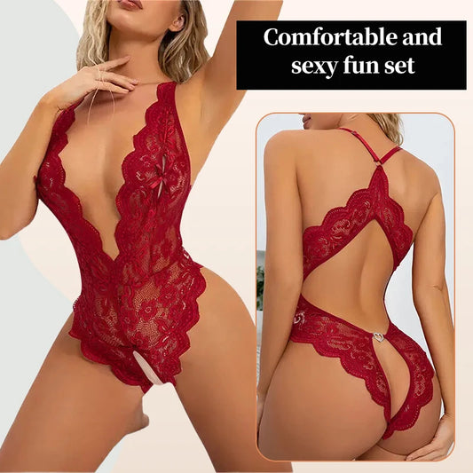 Summer Women's Deep V-Neck Revealing Chest Sexy Dress Lace Pajamas Women's Sexy Transparent Lace Flower One Piece Pajamas