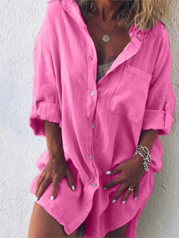 Women's Summer New Fashion Cotton Linen Pocket Beach Button Long Sleeved Shirt Casual And Comfortable Plus Size Women's Clothing Viralgem Store
