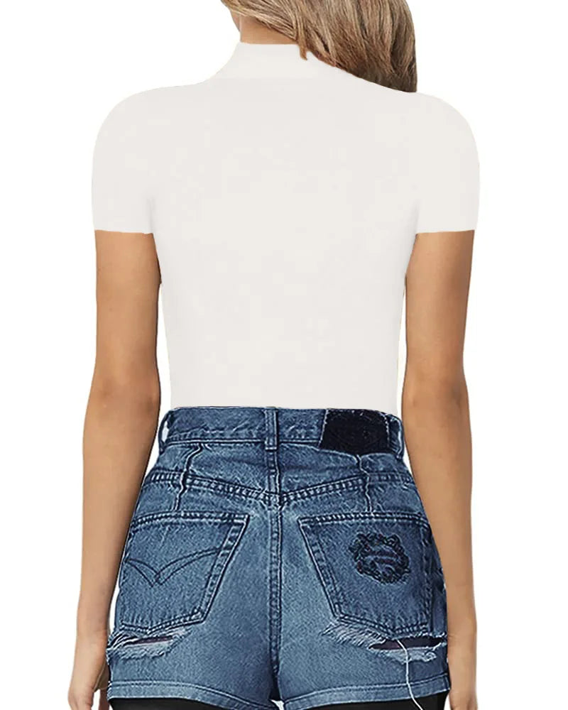 2023SpringSummer New Fashion Europe America Sexy Solid Color Medium High Neck Short Sleeve Casual Elegant Women's Tight Bodysuit