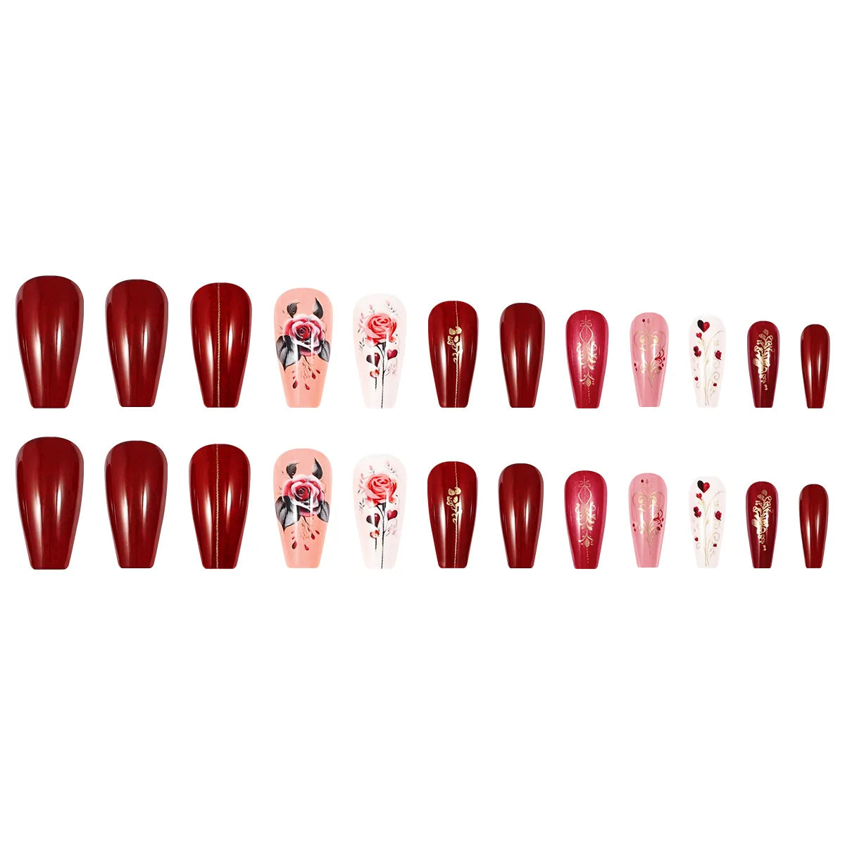 24pcs/set short Medium fake nails square ballet almond nail tips pink beautiful heart for Valentine's Day press on false nails