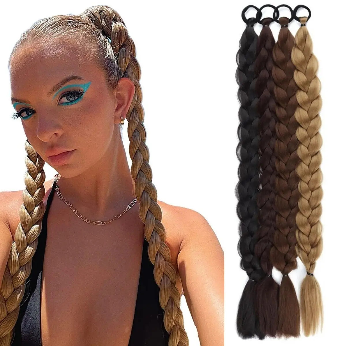 24 Inch Long Black Synthetic Braided Ponytail Hair Extension with Rubber Band for Women Hair Accessories Boxing Braids