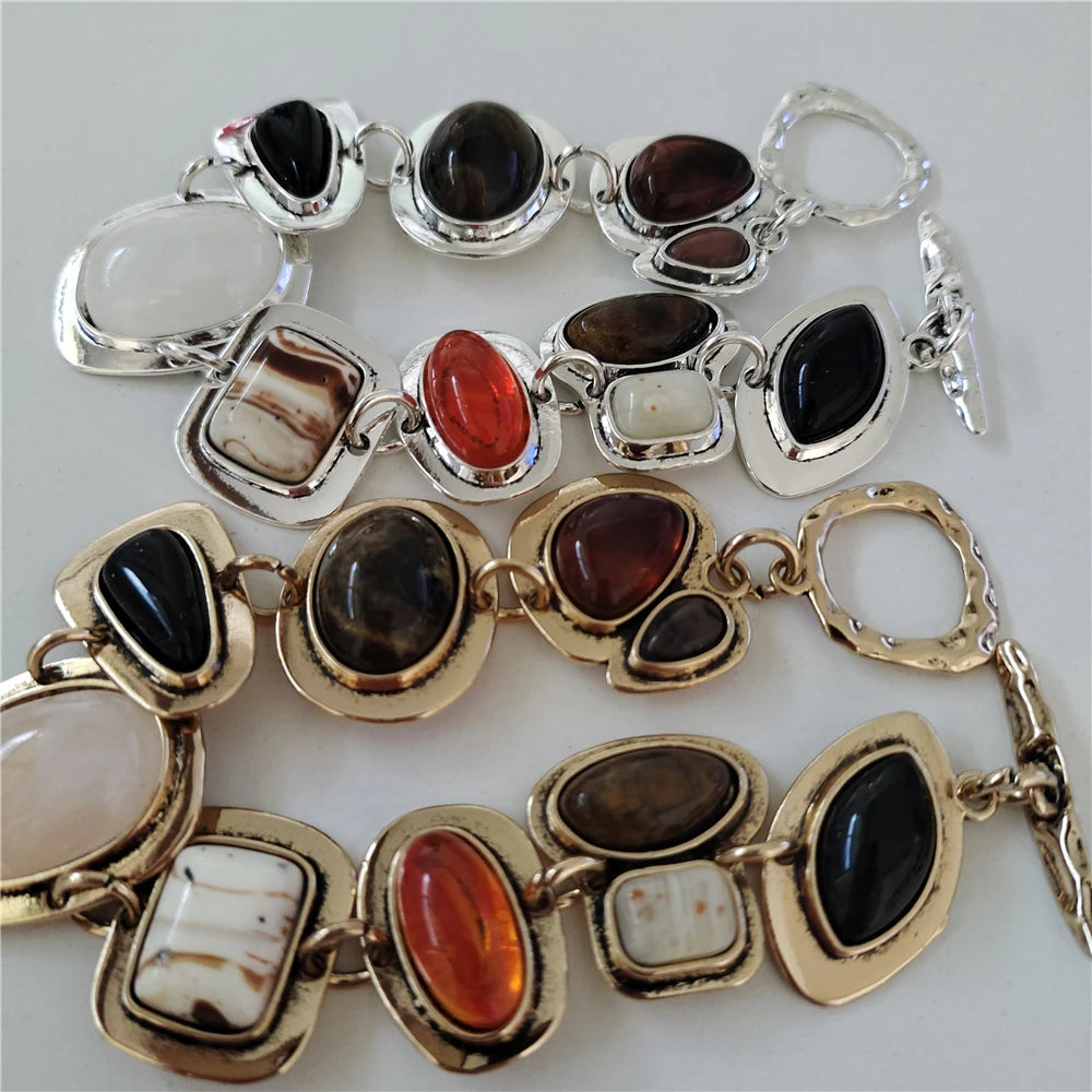 2025 New Indian Vintage Statement Resin Bracelets Women Boho Ethnic Gold Silver Plated Metal Links Charm Bracelets Jewelry