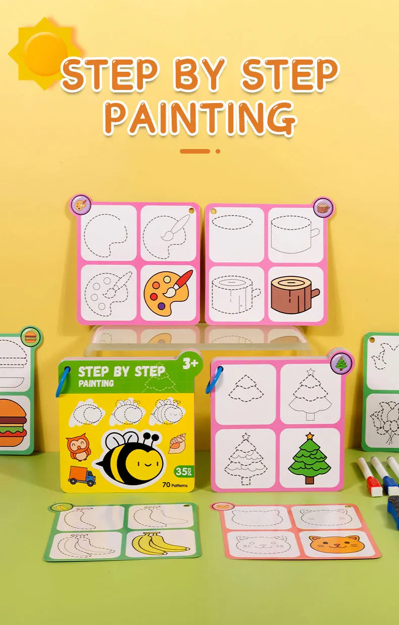 70 Patterns Step-By-Step Learning Simple Drawing Card Book, Reusable Graffiti Set, Cartoon Educational Line Drawing Introductory Enlightenment, Kindergarten Art Activity Teaching Aids, Drawing Skills and Pen Control Training