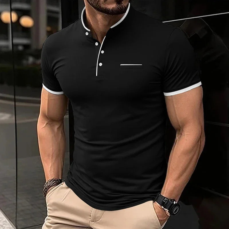 2025 New Men's Casual and Fashionable Solid Color Short Sleeved Stand Up Collar T-shirt Summer Versatile and Comfortable Top