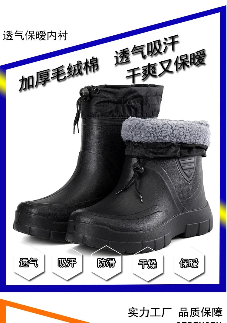 Winter Windproof Cotton Rain Boots Men Warm Light Ankle Rainboots Fashion Black Slip on Rain Shoes Men Waterproof Work Boot2024