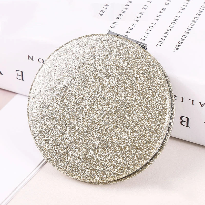 1pc Portable Glitter Round Makeup Mirror Hand Pocket Folding Cosmetic Mirror Double Face Make Up Mirror